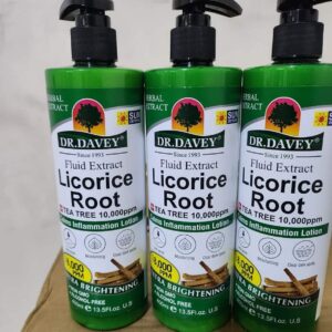 Image of a bottle of Dr. Davey Licorice Root Lotion, featuring a sleek, modern design with prominent licorice plant graphics and clear, bold text highlighting its skin brightening and soothing properties.