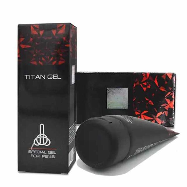 Image: A tube of Titan Gel displayed against a clean, white background. The tube is labeled with the product name and features a sleek design. Perfect for those seeking male enhancement solutions.