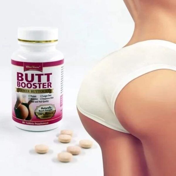 Image: A bottle of Butt Booster Capsules against a clean, white background. The bottle is labeled with the product name and features a vibrant, eye-catching design. The capsules are visible through the transparent packaging, showcasing their natural ingredients and premium quality. Perfect for those seeking a natural solution for enhancing their curves and achieving a more sculpted silhouette.