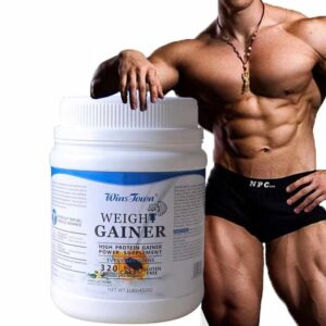 "Weight gainer powder in a scoop, isolated on a white background."